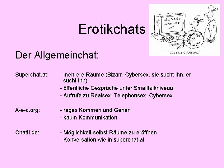 Erotikchats Der Allgemeinchat: Superchat. at: - mehrere Räume (Bizarr, Cybersex, sie sucht ihn, er