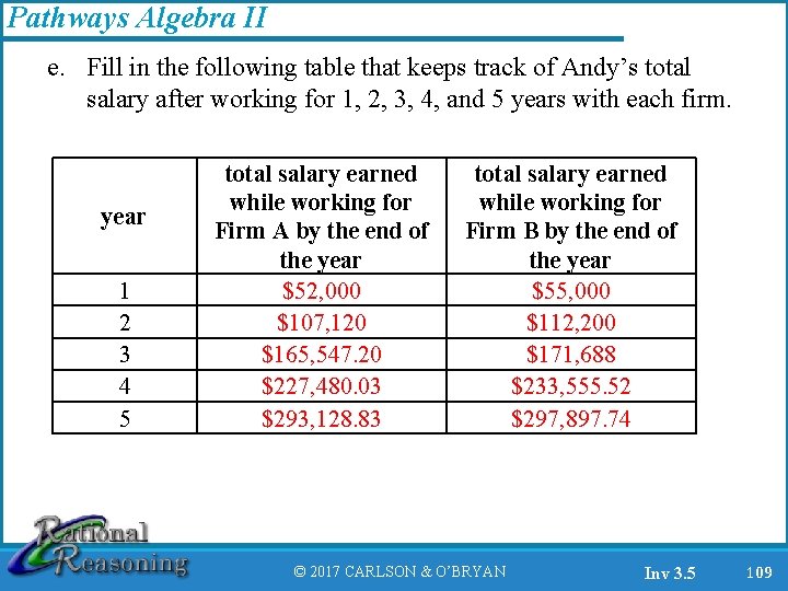 Pathways Algebra II e. Fill in the following table that keeps track of Andy’s