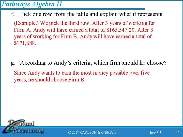 Pathways Algebra II f. Pick one row from the table and explain what it