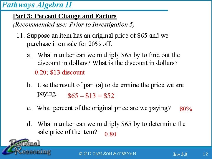 Pathways Algebra II Part 3: Percent Change and Factors (Recommended use: Prior to Investigation