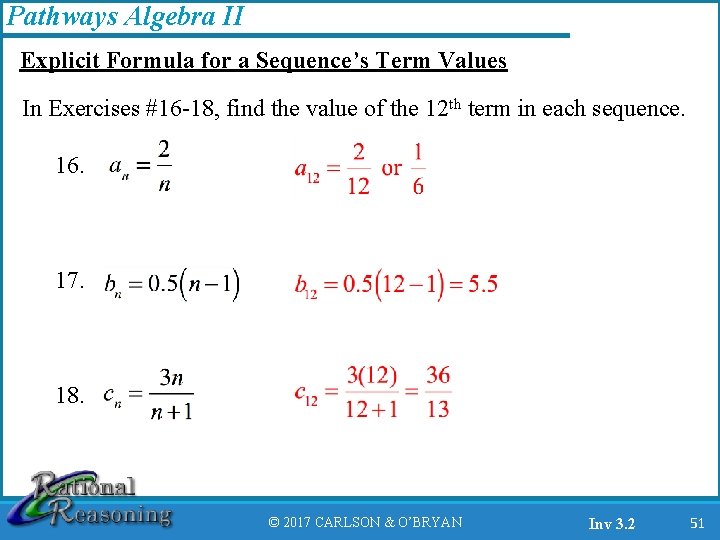 Pathways Algebra II Explicit Formula for a Sequence’s Term Values In Exercises #16 -18,