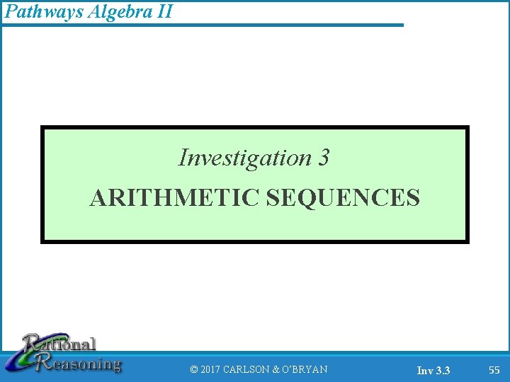 Pathways Algebra II Investigation 3 ARITHMETIC SEQUENCES © 2017 CARLSON & O’BRYAN Inv 3.