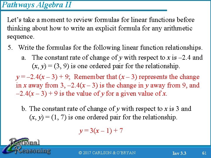 Pathways Algebra II Let’s take a moment to review formulas for linear functions before