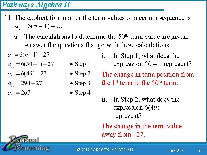 Pathways Algebra II 11. The explicit formula for the term values of a certain