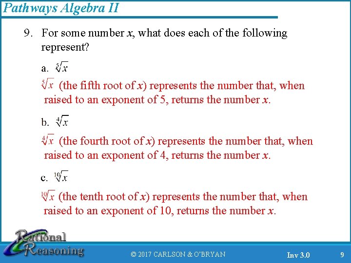 Pathways Algebra II 9. For some number x, what does each of the following