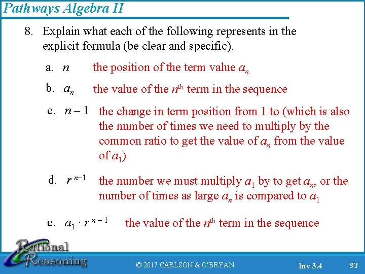 Pathways Algebra II 8. Explain what each of the following represents in the explicit