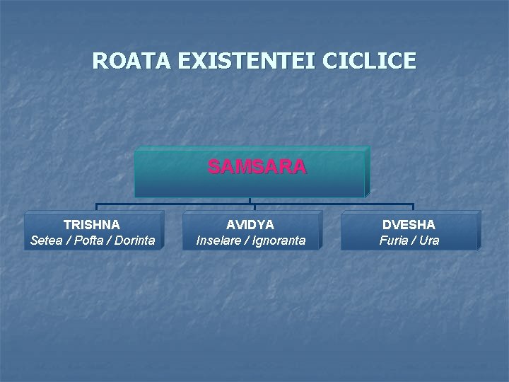 ROATA EXISTENTEI CICLICE SAMSARA TRISHNA Setea / Pofta / Dorinta AVIDYA Inselare / Ignoranta