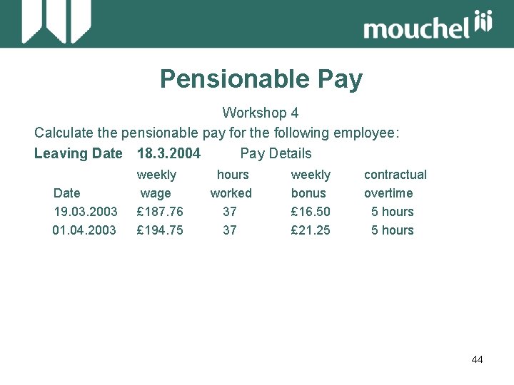 Pensionable Pay Workshop 4 Calculate the pensionable pay for the following employee: Leaving Date