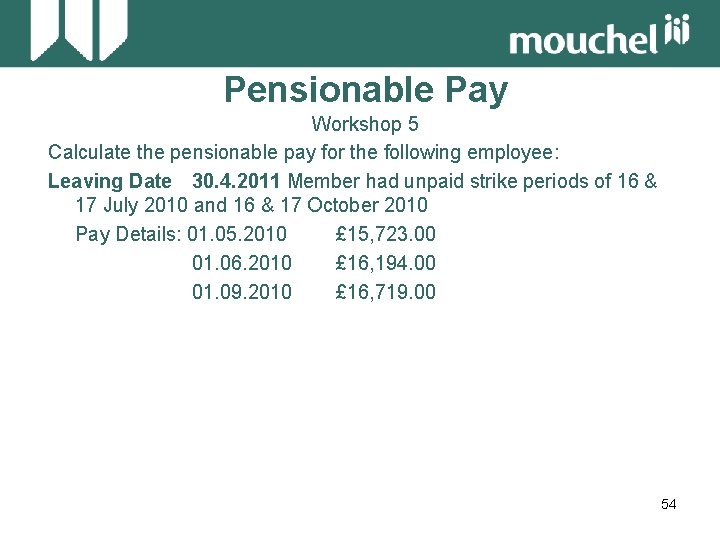 Pensionable Pay Workshop 5 Calculate the pensionable pay for the following employee: Leaving Date