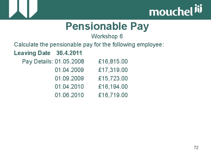 Pensionable Pay Workshop 6 Calculate the pensionable pay for the following employee: Leaving Date