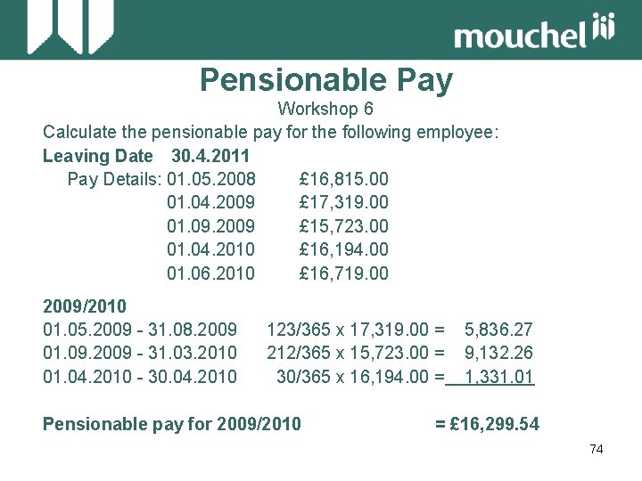 Pensionable Pay Workshop 6 Calculate the pensionable pay for the following employee: Leaving Date