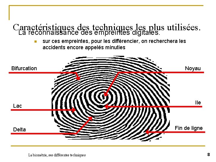 Caractéristiques des techniques les plus utilisées. La reconnaissance des empreintes digitales. n sur ces