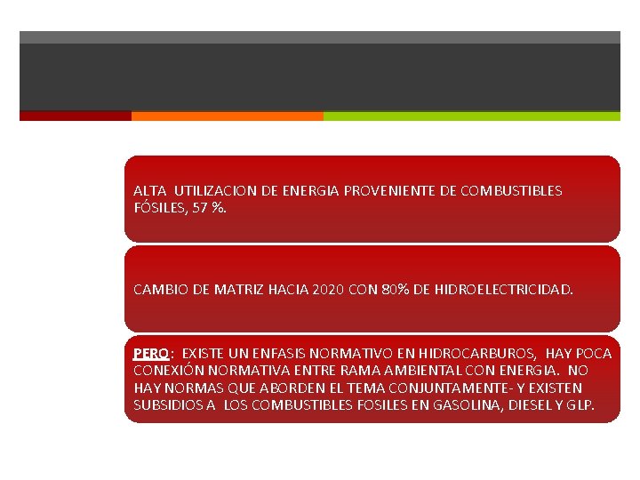 ALTA UTILIZACION DE ENERGIA PROVENIENTE DE COMBUSTIBLES FÓSILES, 57 %. CAMBIO DE MATRIZ HACIA