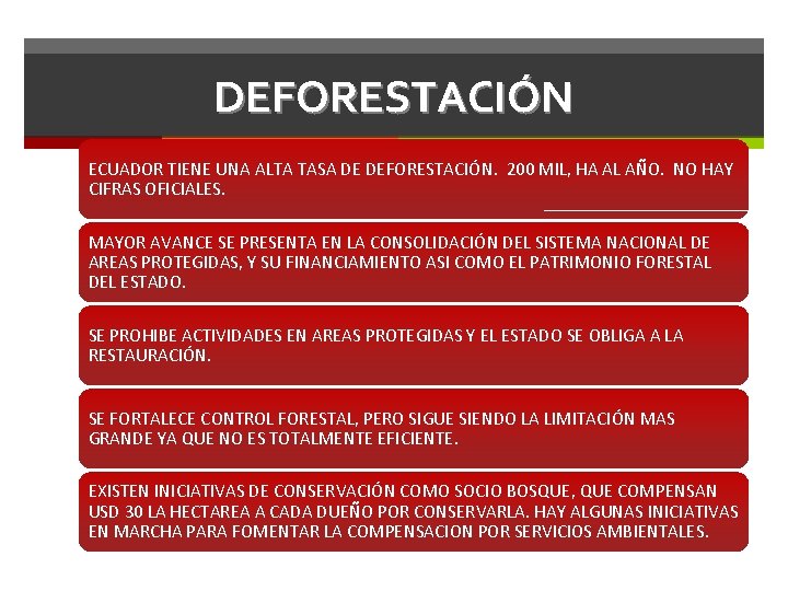 DEFORESTACIÓN ECUADOR TIENE UNA ALTA TASA DE DEFORESTACIÓN. 200 MIL, HA AL AÑO. NO