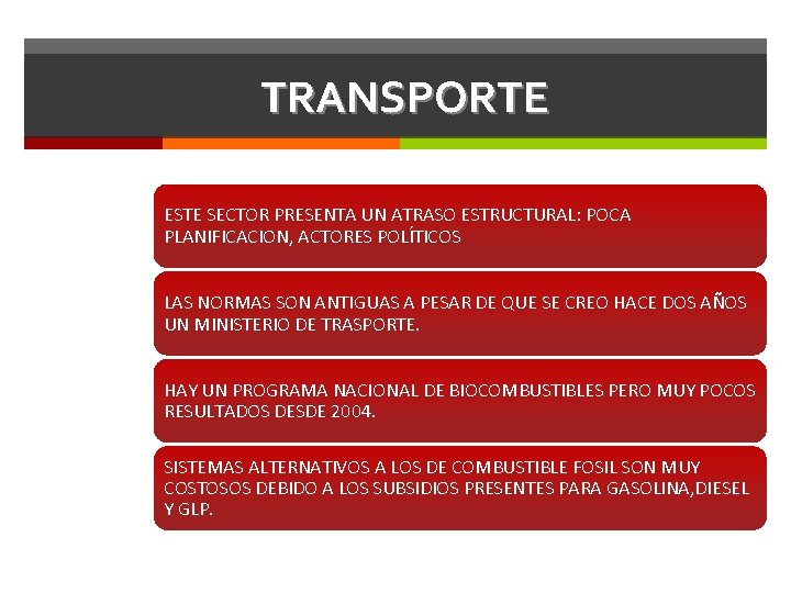 TRANSPORTE ESTE SECTOR PRESENTA UN ATRASO ESTRUCTURAL: POCA PLANIFICACION, ACTORES POLÍTICOS LAS NORMAS SON