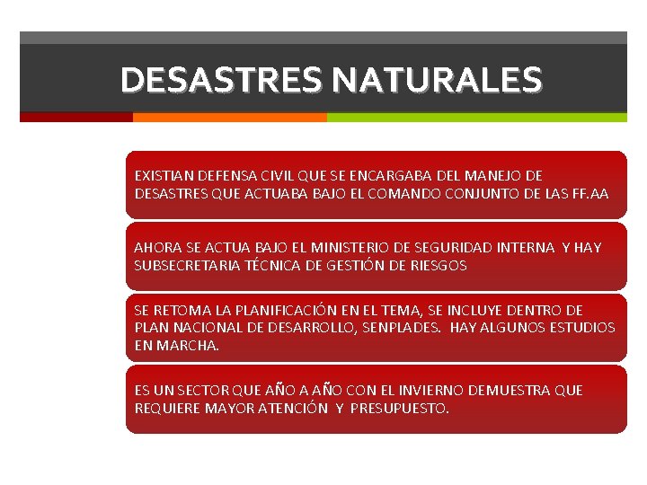 DESASTRES NATURALES EXISTIAN DEFENSA CIVIL QUE SE ENCARGABA DEL MANEJO DE DESASTRES QUE ACTUABA