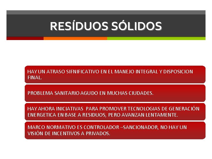 RESÍDUOS SÓLIDOS HAY UN ATRASO SIFNIFICATIVO EN EL MANEJO INTEGRAL Y DISPOSICION FINAL. PROBLEMA