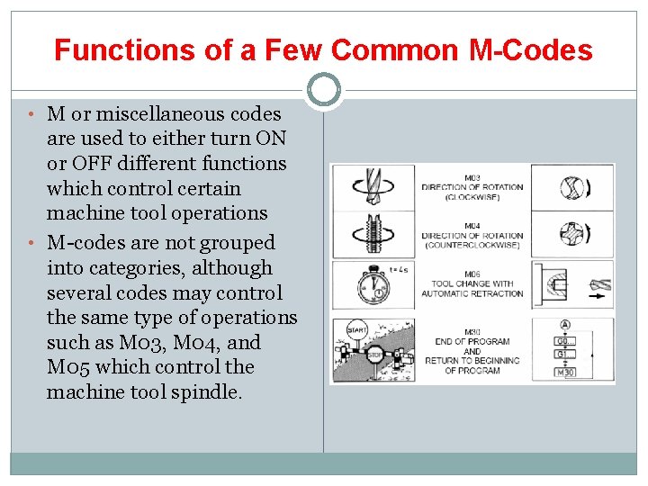 Functions of a Few Common M-Codes • M or miscellaneous codes are used to