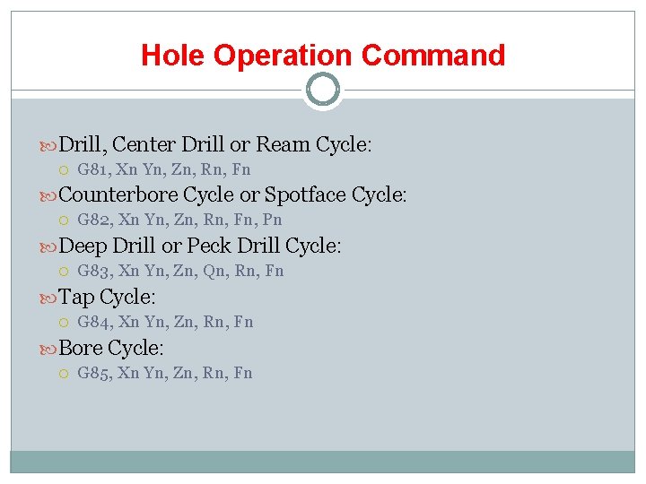 Hole Operation Command Drill, Center Drill or Ream Cycle: G 81, Xn Yn, Zn,