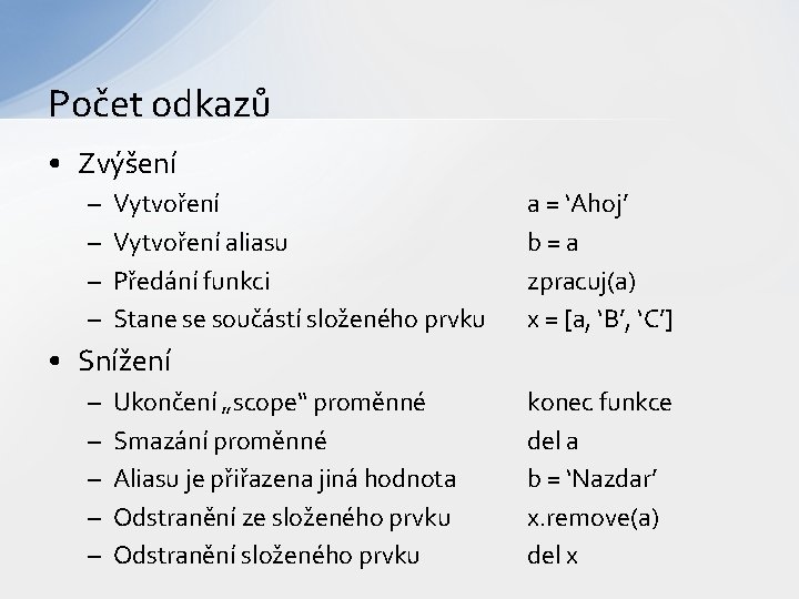 Počet odkazů • Zvýšení – – Vytvoření aliasu Předání funkci Stane se součástí složeného