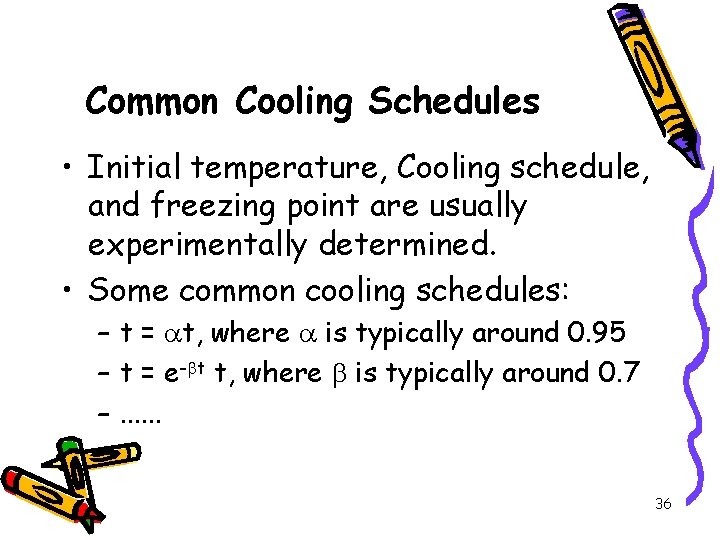 Common Cooling Schedules • Initial temperature, Cooling schedule, and freezing point are usually experimentally