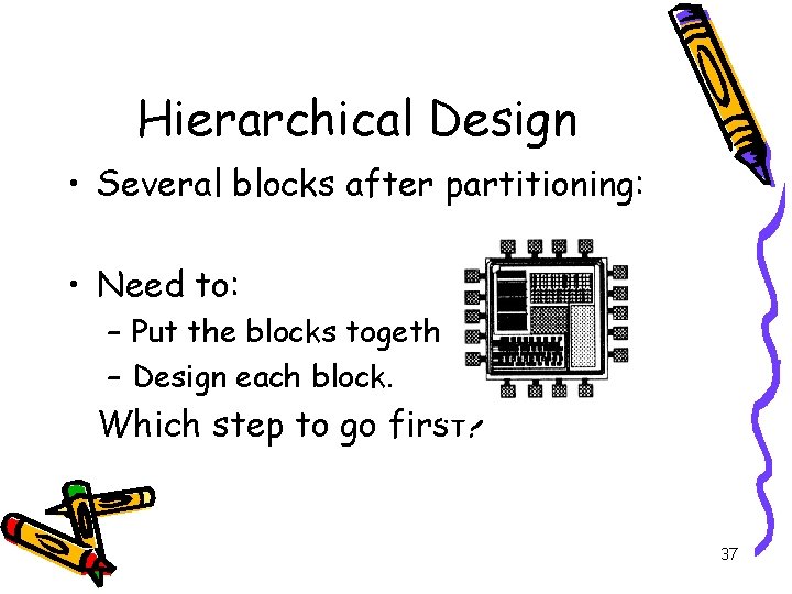 Hierarchical Design • Several blocks after partitioning: • Need to: – Put the blocks