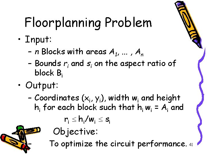 Floorplanning Problem • Input: – n Blocks with areas A 1, . . .