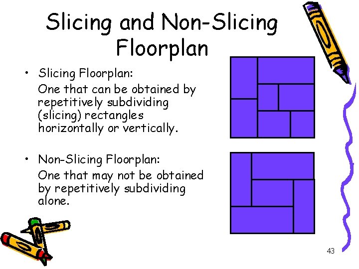 Slicing and Non-Slicing Floorplan • Slicing Floorplan: One that can be obtained by repetitively