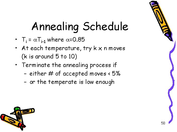Annealing Schedule • Ti = a. Ti-1 where a=0. 85 • At each temperature,