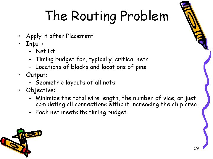 The Routing Problem • Apply it after Placement • Input: – Netlist – Timing