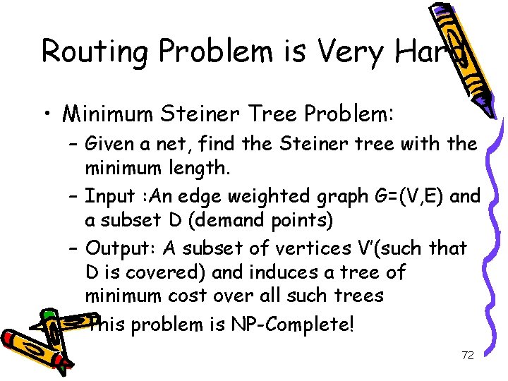 Routing Problem is Very Hard • Minimum Steiner Tree Problem: – Given a net,