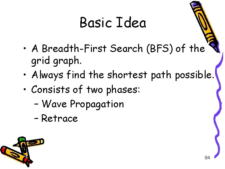 Basic Idea • A Breadth-First Search (BFS) of the grid graph. • Always find