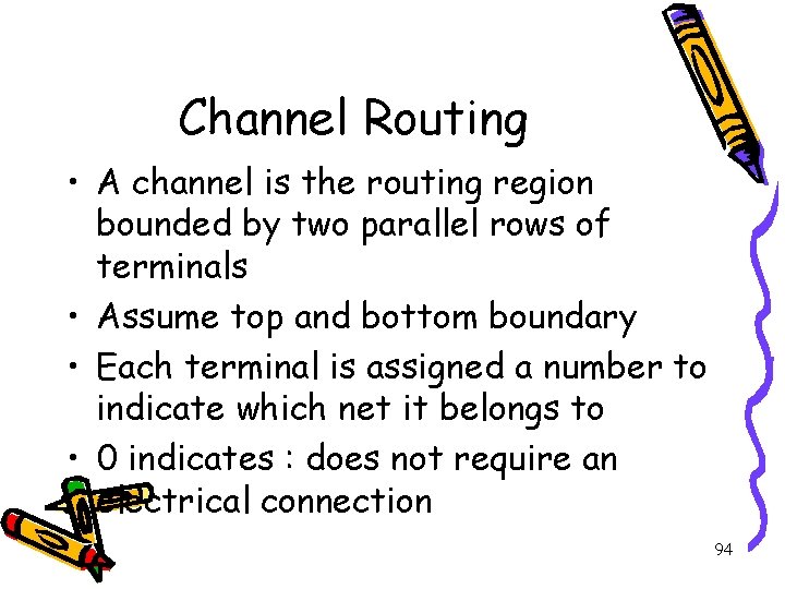 Channel Routing • A channel is the routing region bounded by two parallel rows