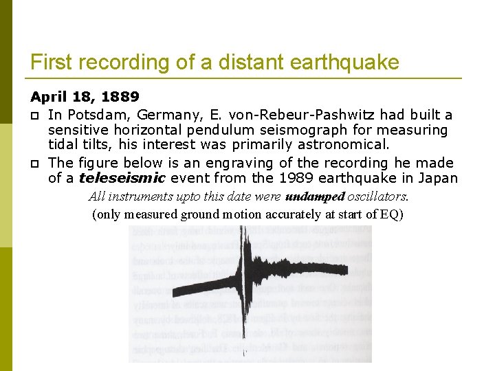 First recording of a distant earthquake April 18, 1889 In Potsdam, Germany, E. von-Rebeur-Pashwitz