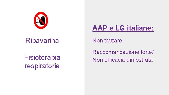 AAP e LG italiane: Ribavarina Fisioterapia respiratoria Non trattare Raccomandazione forte/ Non efficacia dimostrata