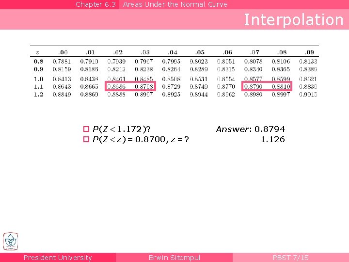 Chapter 6. 3 Areas Under the Normal Curve Interpolation P(Z < 1. 172)? P(Z