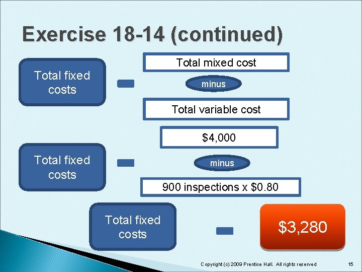 Exercise 18 -14 (continued) Total mixed cost Total fixed costs minus Total variable cost Exercise 18 -14 (continued) Total mixed cost Total fixed costs minus Total variable cost