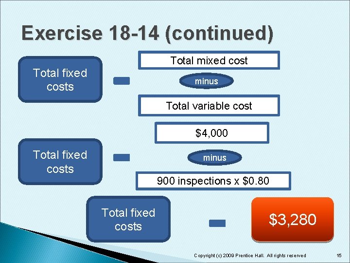 Exercise 18 -14 (continued) Total mixed cost Total fixed costs minus Total variable cost