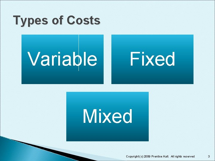 Types of Costs Variable Fixed Mixed Copyright (c) 2009 Prentice Hall. All rights reserved Types of Costs Variable Fixed Mixed Copyright (c) 2009 Prentice Hall. All rights reserved