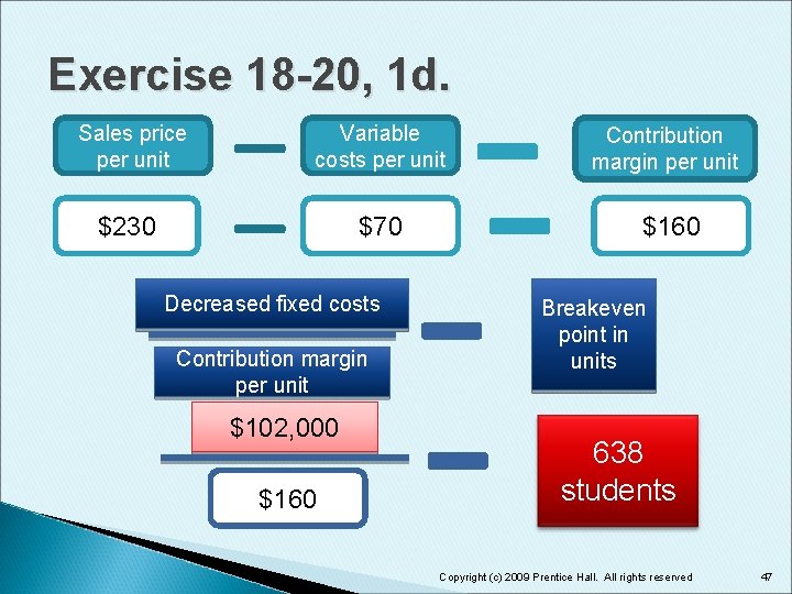 Exercise 18 -20, 1 d. Sales price per unit Variable costs per unit Contribution