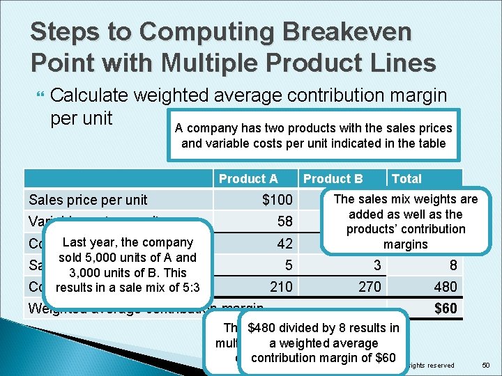 Steps to Computing Breakeven Point with Multiple Product Lines Calculate weighted average contribution margin Steps to Computing Breakeven Point with Multiple Product Lines Calculate weighted average contribution margin