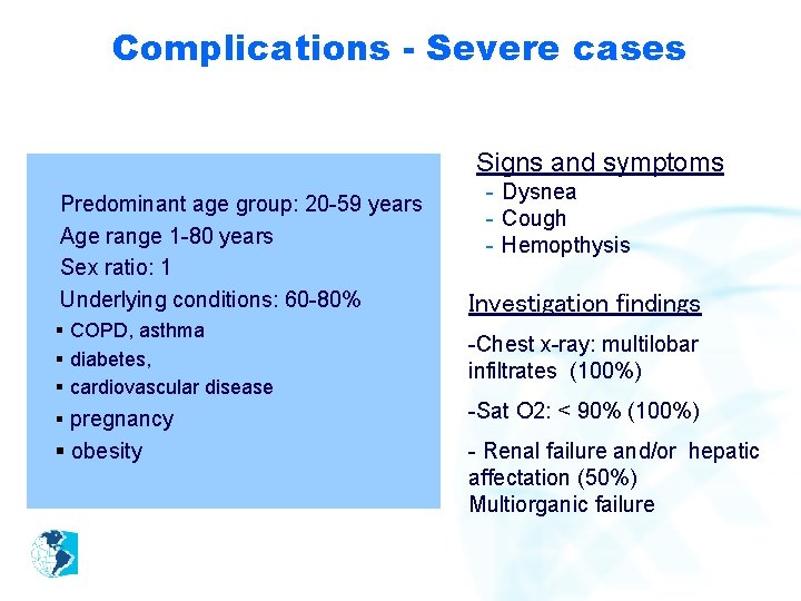 Complications - Severe cases Signs and symptoms Predominant age group: 20 -59 years Age