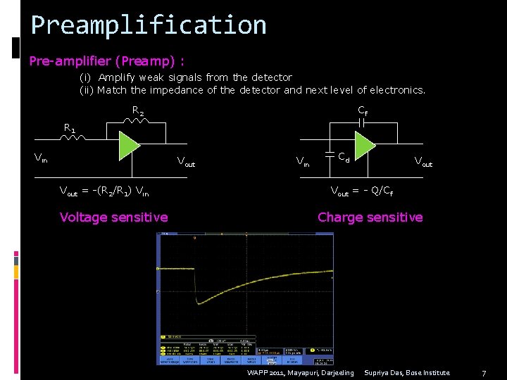 Preamplification Pre-amplifier (Preamp) : (i) Amplify weak signals from the detector (ii) Match the