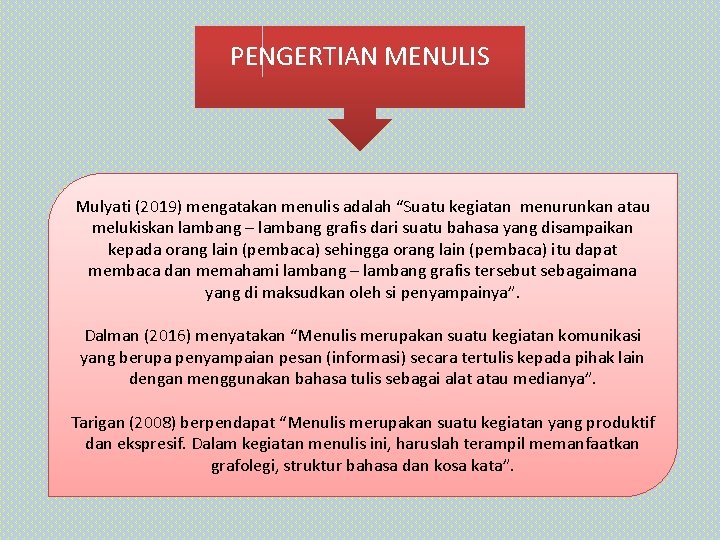 PENGERTIAN MENULIS Mulyati (2019) mengatakan menulis adalah “Suatu kegiatan menurunkan atau melukiskan lambang – PENGERTIAN MENULIS Mulyati (2019) mengatakan menulis adalah “Suatu kegiatan menurunkan atau melukiskan lambang –