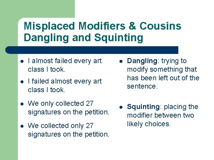 Misplaced Modifiers & Cousins Dangling and Squinting l I almost failed every art class