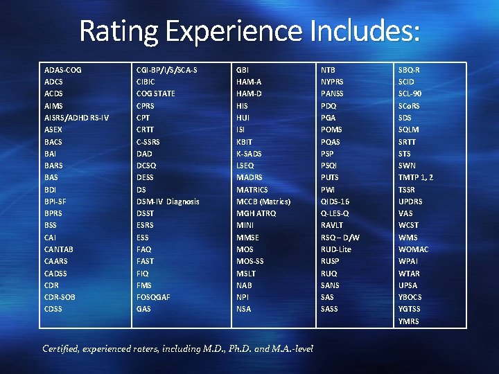 Rating Experience Includes: ADAS-COG ADCS ACDS AIMS AISRS/ADHD RS-IV ASEX BACS BAI BARS BAS Rating Experience Includes: ADAS-COG ADCS ACDS AIMS AISRS/ADHD RS-IV ASEX BACS BAI BARS BAS