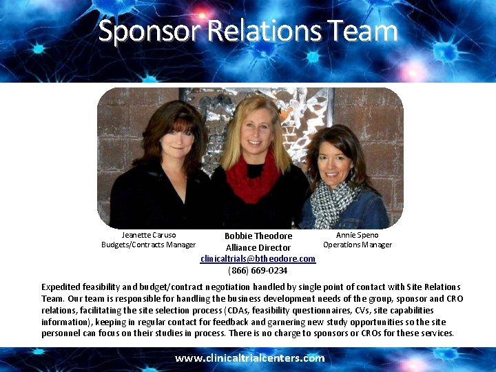 Sponsor Relations Team Jeanette Caruso Budgets/Contracts Manager Annie Speno Bobbie Theodore Operations Manager Alliance Sponsor Relations Team Jeanette Caruso Budgets/Contracts Manager Annie Speno Bobbie Theodore Operations Manager Alliance