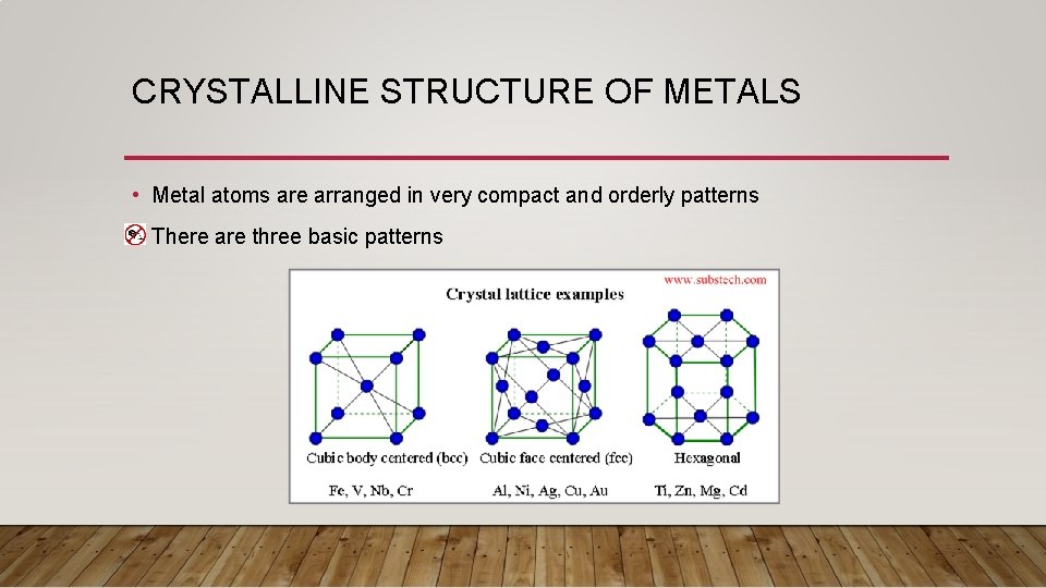 CRYSTALLINE STRUCTURE OF METALS • Metal atoms are arranged in very compact and orderly
