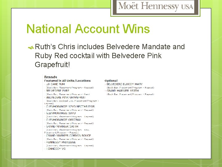 National Account Wins Ruth’s Chris includes Belvedere Mandate and Ruby Red cocktail with Belvedere