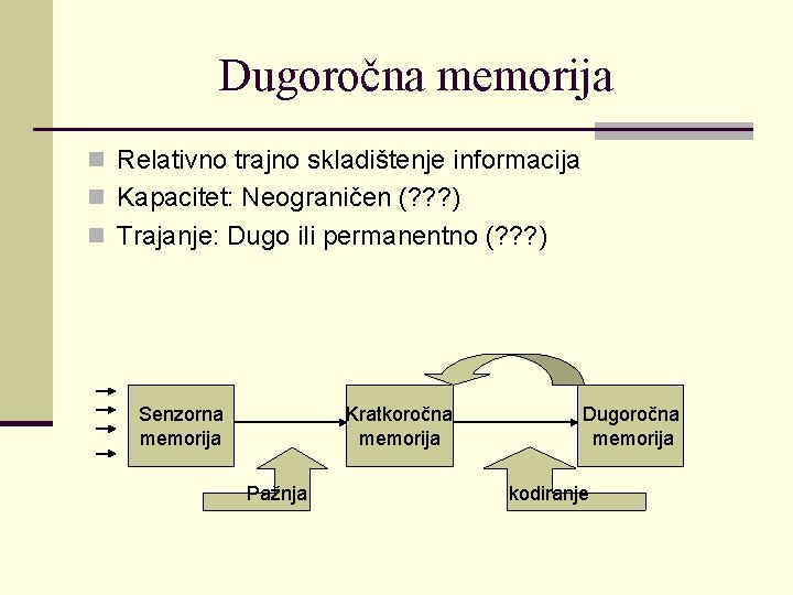 Dugoročna memorija n Relativno trajno skladištenje informacija n Kapacitet: Neograničen (? ? ? )